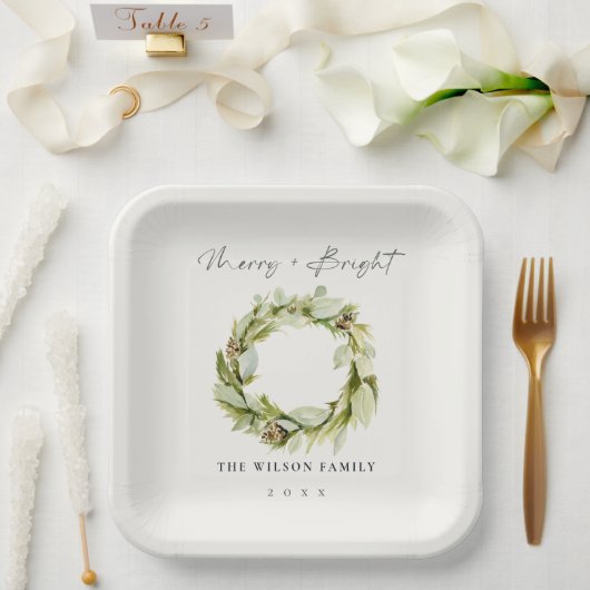 Foliage Winter Wreath Merry & Bright Kerstmis Papieren Bordje (Huwelijk)
