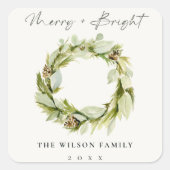 Foliage Winter Wreath Merry & Bright Kerstmis Vierkante Sticker (Voorkant)