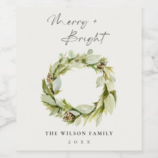 Foliage Winter Wreath Merry & Bright Kerstmis Wijn Etiket (Enkel label)