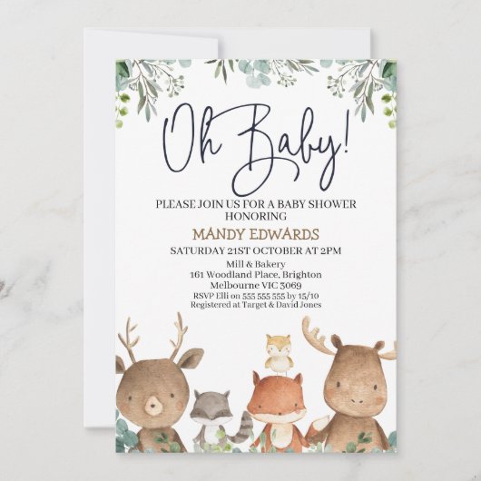 Foliage Woodland Animals Baby shower Kaart (Voorkant)