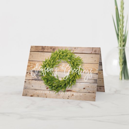 Foliage Wreath Barn Wood Season's Greetings Kaart (Voorkant)