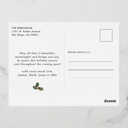 Folie 3 Foto Elegant Merry Christmas Botanical Folie Feestdagen Briefkaart (Achterkant)