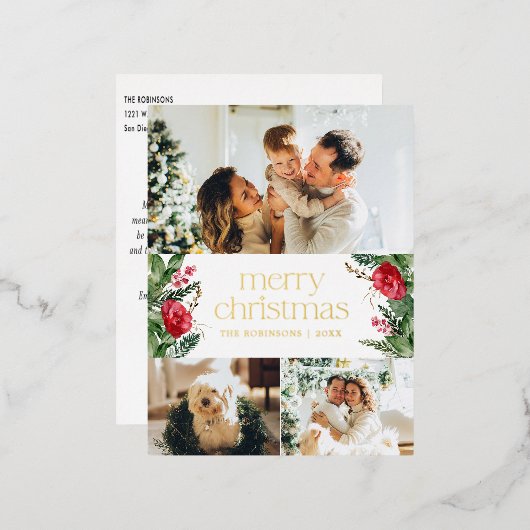 Folie 3 Foto Elegant Merry Christmas Botanical Folie Feestdagen Briefkaart (Voorkant / Achterkant)