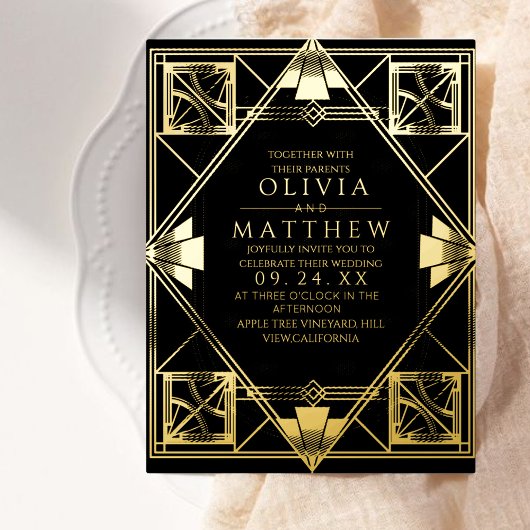 Folie Art Deco Modern Zwart Huwelijksuitnodiging Folie Uitnodiging