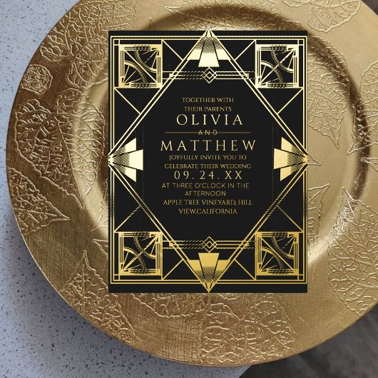Folie Art Deco Modern Zwart Huwelijksuitnodiging Folie Uitnodiging