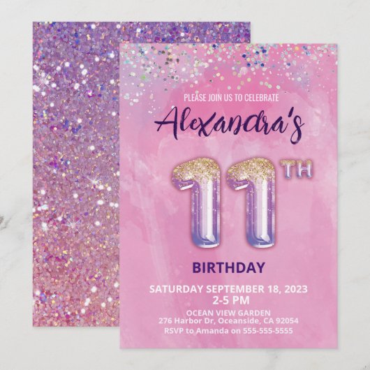 Folie Ballon 11e Verjaardagsuitnodiging Kaart (Voorkant / Achterkant)