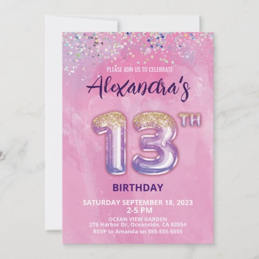 Folie Ballon 13e Verjaardagsuitnodiging Kaart (Voorkant)