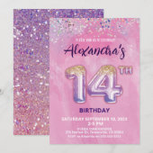 Folie Ballon 14e Verjaardagsuitnodiging Kaart (Voorkant / Achterkant)