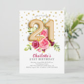 Folie ballon Bloemen 21e verjaardag Uitnodiging (Staand voorkant)
