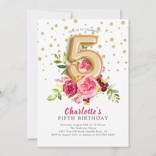 Folie Ballon Bloemen 5de Verjaardagsuitnodiging Kaart (Voorkant)
