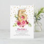 Folie Ballon Bloemen 5de Verjaardagsuitnodiging Kaart (Staand voorkant)