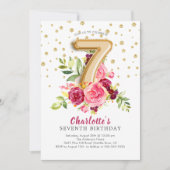 Folie Ballon Bloemen 7e Verjaardag Uitnodiging (Voorkant)