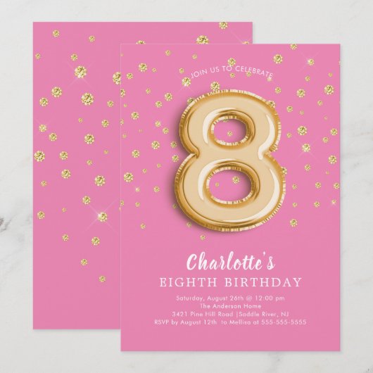 Folie ballon Bloemen 8E Verjaardag Uitnodiging (Voorkant / Achterkant)