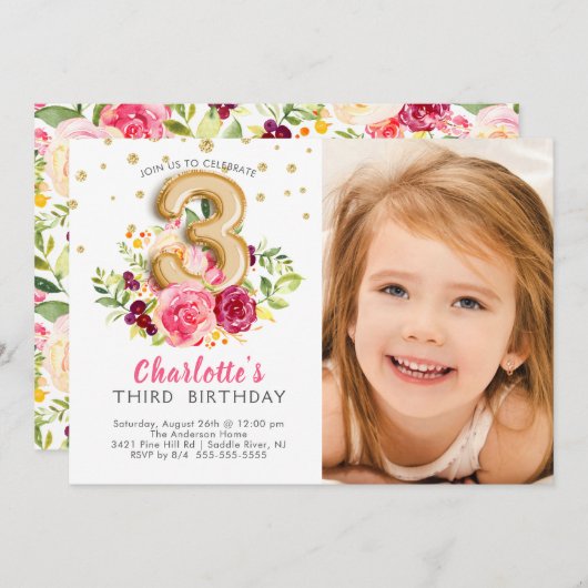 Folie ballonfoto derde verjaardag uitnodiging (Voorkant / Achterkant)