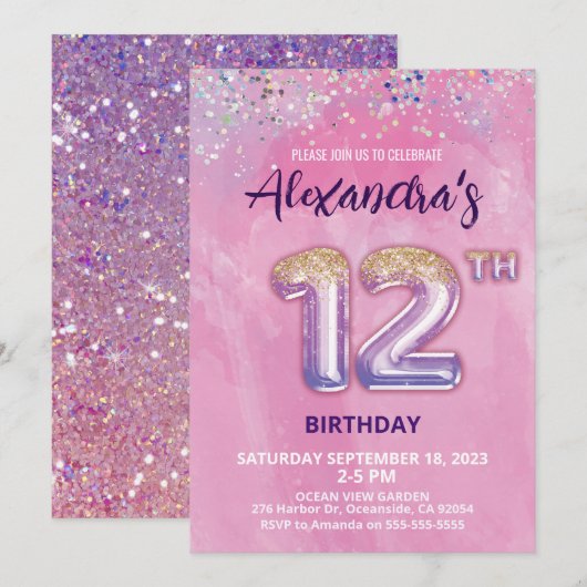 Folie Balloon 12e Verjaardagsuitnodiging Kaart (Voorkant / Achterkant)