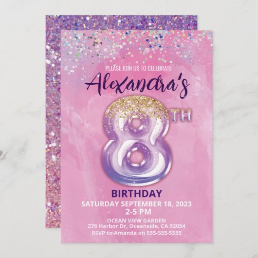 Folie Balloon 8e Verjaardagsuitnodiging Kaart (Voorkant / Achterkant)