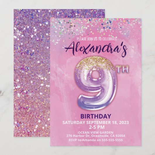 Folie Balloon 9e Verjaardagsuitnodiging Kaart (Voorkant / Achterkant)