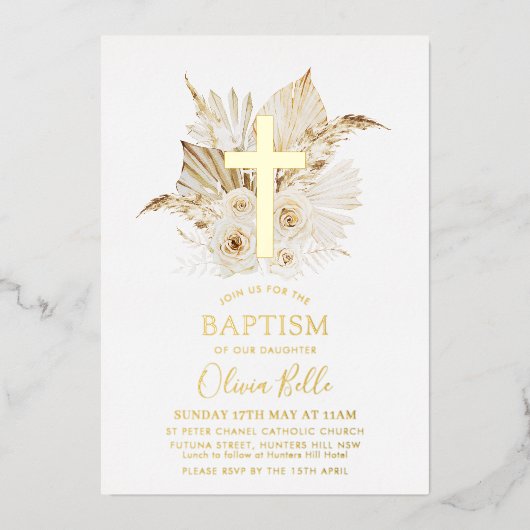 Folie Boho droogde Palm Floral Baptism Christening Folie Uitnodiging (Voorkant)