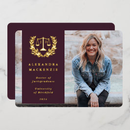 Folie/Burgundy JD Law Scales Afstuderen Photo Card Folie Uitnodiging