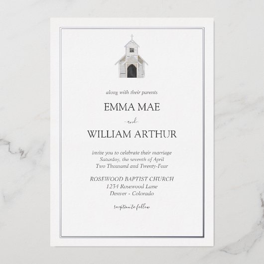 Folie Classic Kerk Huwelijksuitnodiging Folie Uitnodiging (Voorkant)