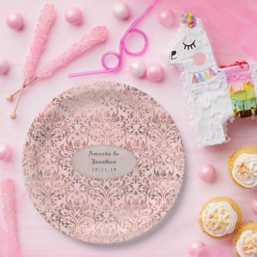 Folie Damast Roze Goud en Blush Bruiloft Papieren Bordje (Feest)