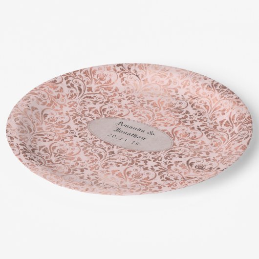 Folie Damast Roze Goud en Blush Bruiloft Papieren Bordje (Gekanteld)