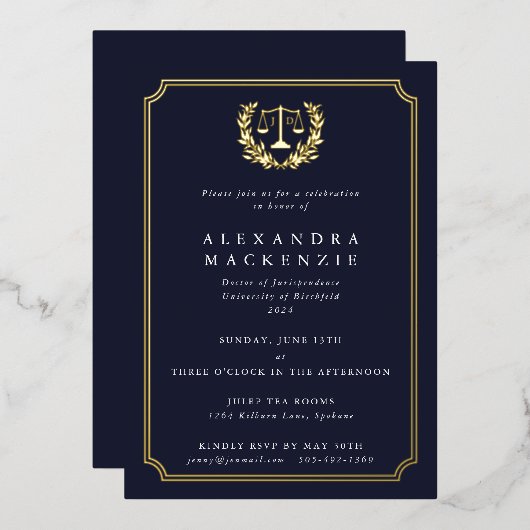 Folie+Donkere marine JD Law School Graduparty Folie Uitnodiging (Voorkant / Achterkant)