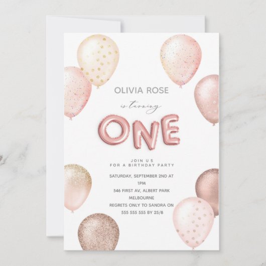 Folie- en glinsterballonnen 1e verjaardagsfeest ui kaart (Voorkant)