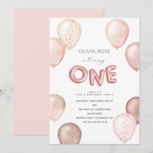 Folie- en glitterballonnen uitnodigen eerste verja kaart (Voorkant / Achterkant)