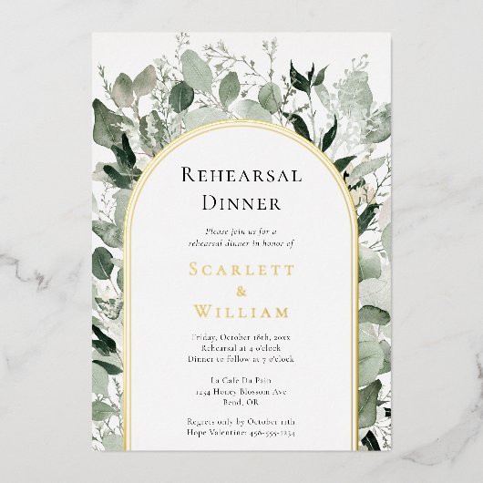 FOLIE Eucalyptus Gold Sage Bruiloft repetitie Dine Folie Uitnodiging (Voorkant)