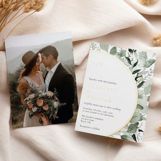 FOLIE eucalyptus gouden monogram foto bruiloft Folie Uitnodiging