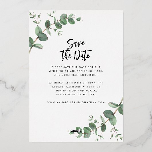 folie Eucalyptus moderne trouwkaart save the date Folie Uitnodiging (Achterkant)