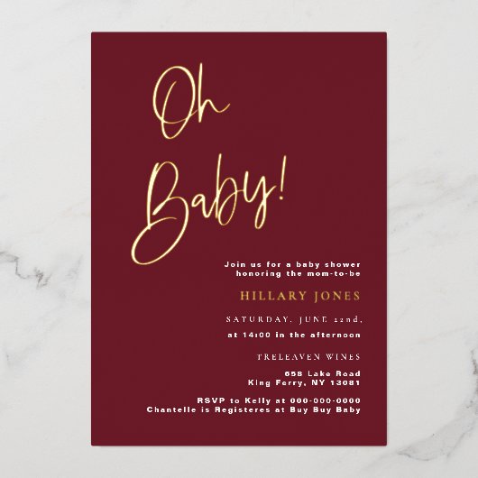 FOLIE Festive Burgundy Red Baby shower Folie Uitnodiging (Voorkant)