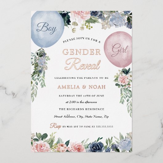 Folie Floral ballonroze blauw Folie Uitnodiging (Voorkant)