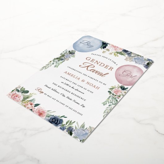 Folie Floral ballonroze blauw Folie Uitnodiging (Gedraaid)