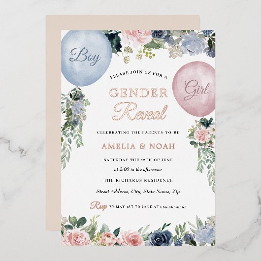 Folie Floral ballonroze blauw Folie Uitnodiging (Voorkant / Achterkant)