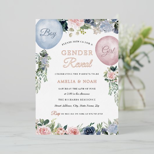 Folie Floral ballonroze blauw Folie Uitnodiging (Staand Voorkant)