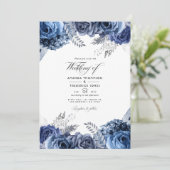 Folie Floral Wedding Foto van Navy en Silver Faux Kaart (Staand voorkant)