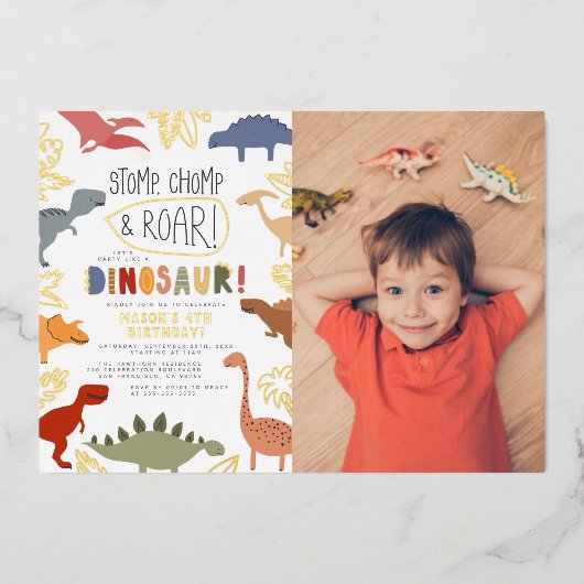 Folie gedrukt | Dinosaur Photo Boy Birthday Party Folie Uitnodiging (Voorkant)