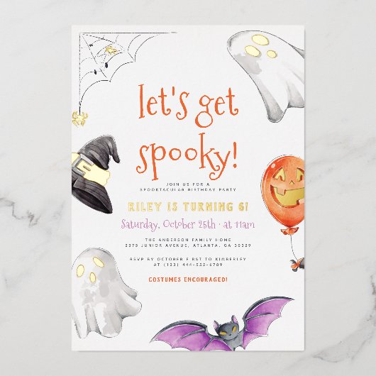 Folie gedrukt | Laten we Spooky Halloween Birthday Folie Uitnodiging (Voorkant)
