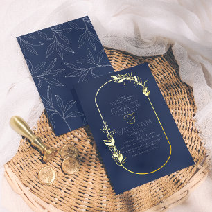 Folie gedrukt Navy Blue Botanical Lijst Weddensc Folie Uitnodiging