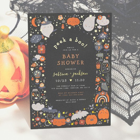 Folie gedrukt | Pek A Boo! Halloween Baby shower Folie Uitnodiging