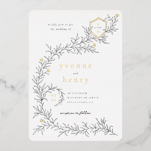 Folie Geïllustreerde Botanische Zwart-wit bruiloft Folie Uitnodiging (Voorkant)