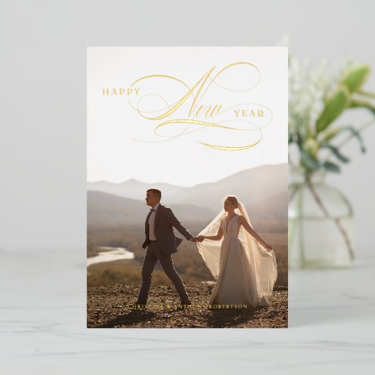 Folie Gelukkig Nieuwjaar Script Vakantie Volledige Folie Feestdagenkaart (Staand Voorkant)