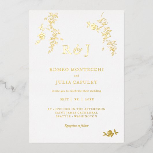 Folie Gilded Romantic Floral Wedding Uitnodiging (Voorkant)