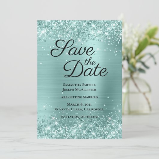 Folie Glittery Bleek Turquoise Ombre Save The Date (Staand voorkant)