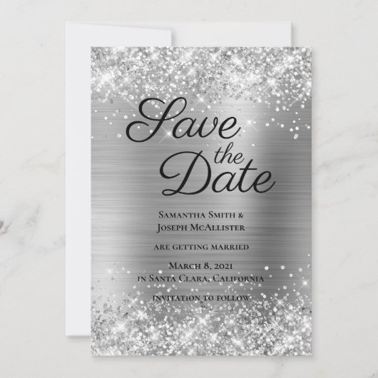 Folie Glittery Silvery Grey Ombre Save The Date (Voorkant)