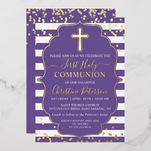 Folie Gold Lavender Paarse Stripes First Community Folie Uitnodiging (Voorkant / Achterkant)