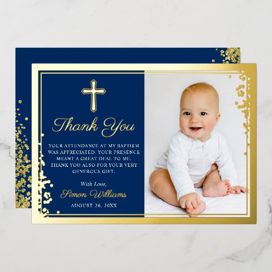 Folie Gold Navy Blue Daptism Foto Dank u Kaart (Voorkant / Achterkant)