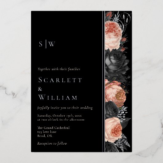 FOLIE Gotisch Zwart Blush Monogram Bruiloft Folie Uitnodiging (Voorkant)